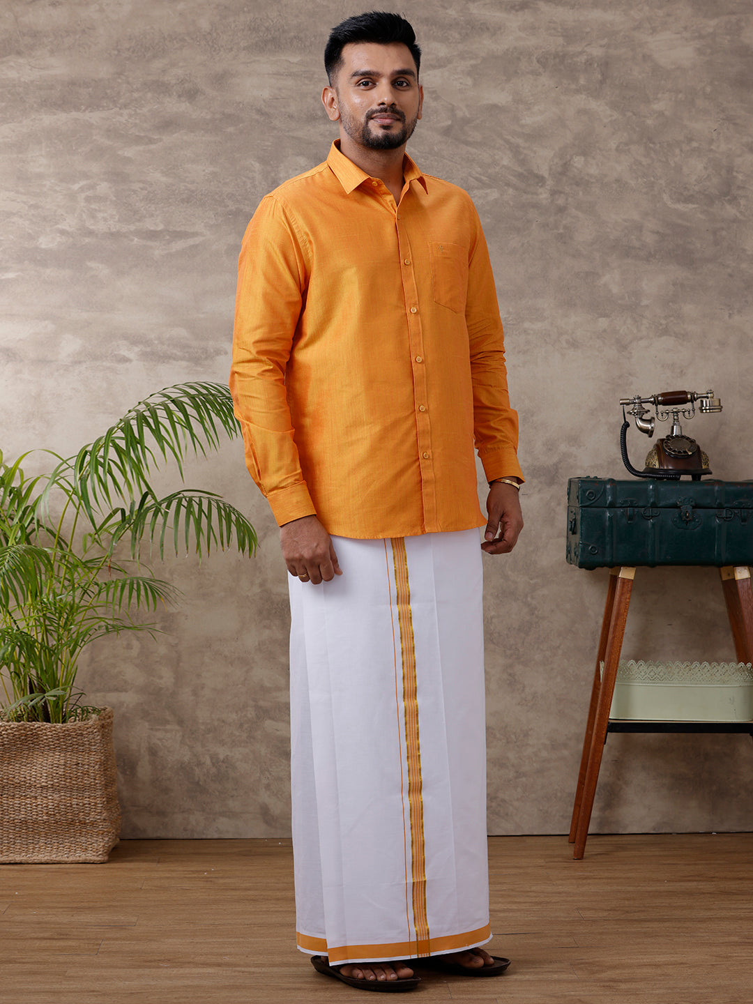 Men Matching Jari Border Dhoti & Full Sleeves Shirt Set Gold VB2