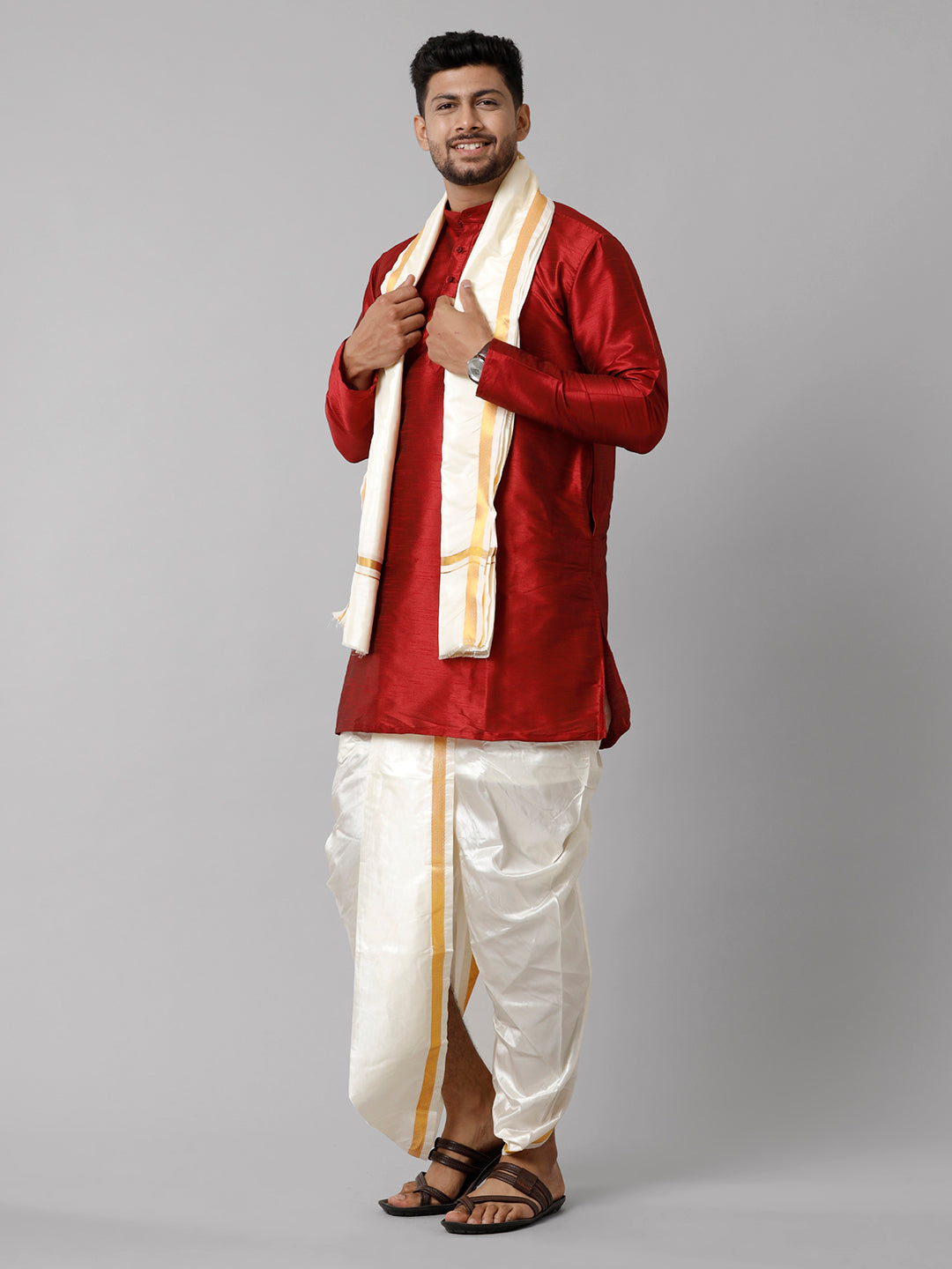 Mens Polyster Red Medium Length Kurta with Art Silk Panchakacham Towel Combo SL06-Side view