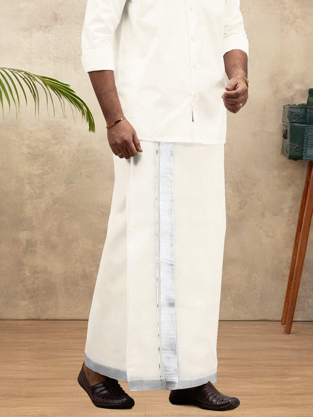 Men Kora Cotton Double Layer Dhoti with 1 1/2"inch Silver Jari Border Silver Mark