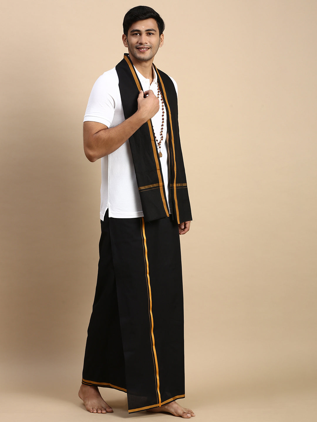 Men Devotional Big Border Dhoti with Towel & TShirt Set Black EP1