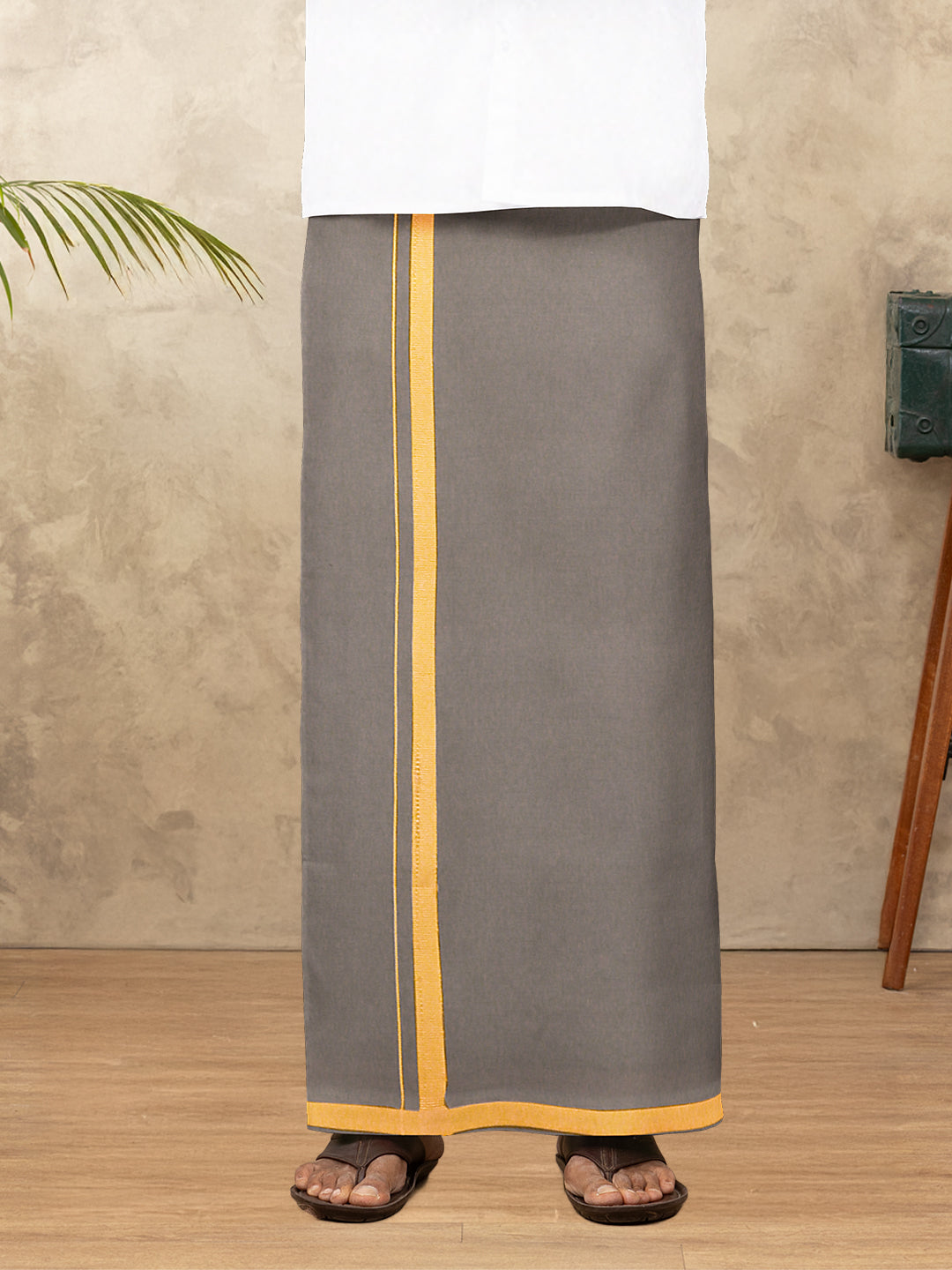Men 100% Cotton Single Layer Stone Grey Dhoti with Big Border Poojan