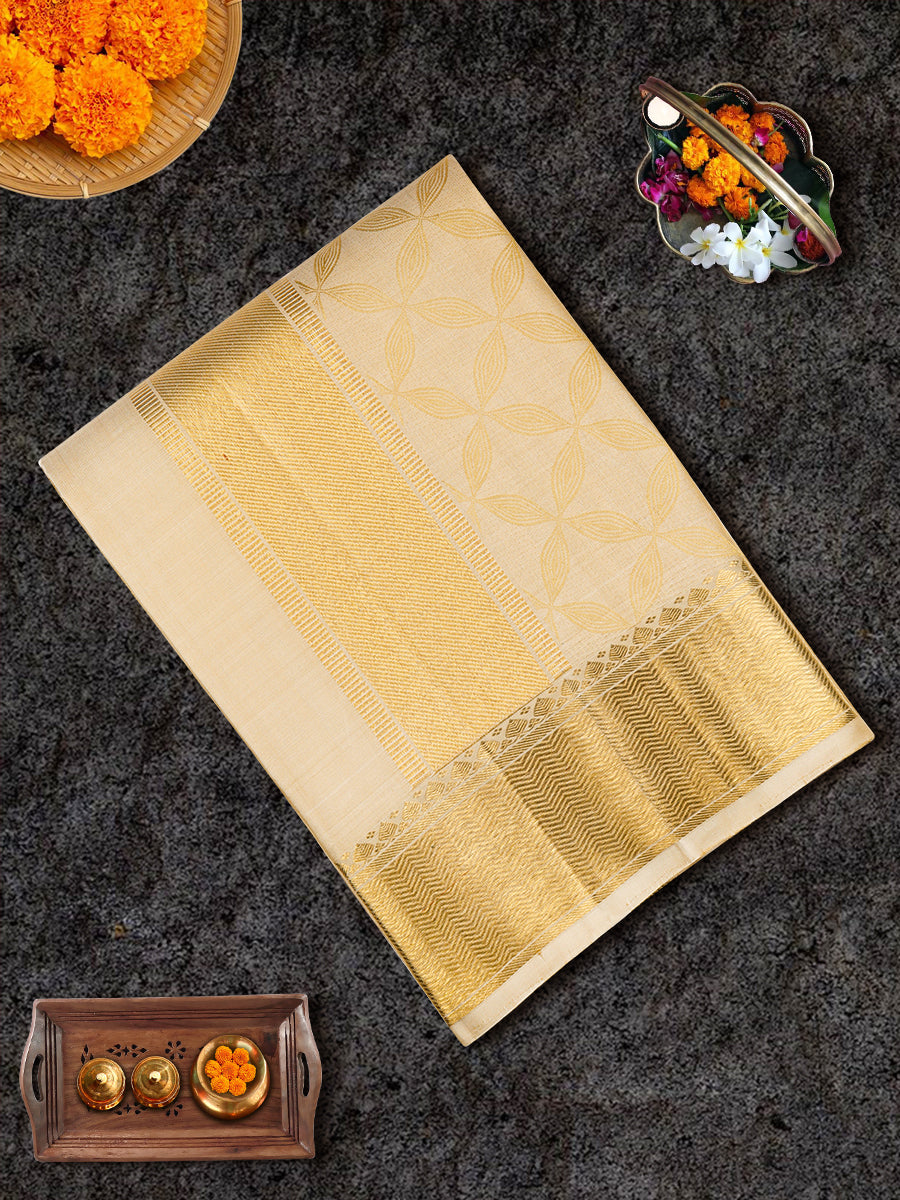 Mens Pure Silk Fawn 4" Gold Jari Border Dhoti with Towel Amirtham