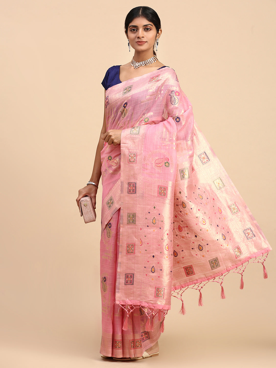 Women Semi Linen Printed Saree Pink SL168