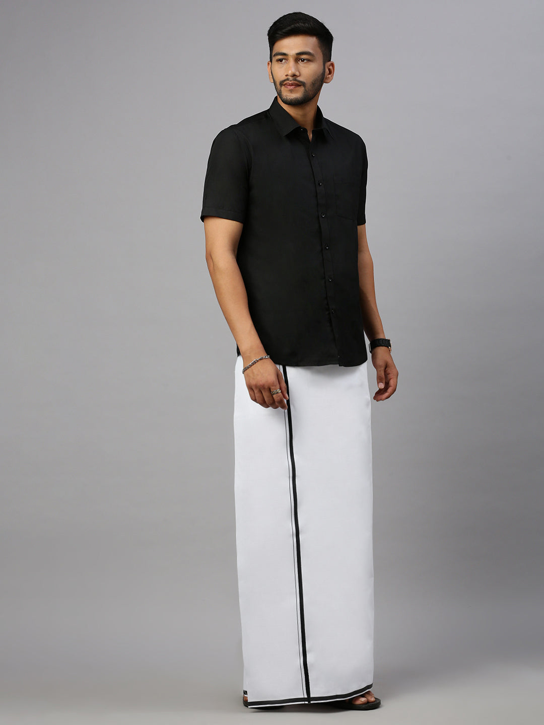 Men Cotton Blend Single Layer White Dhoti with Big Border TU01
