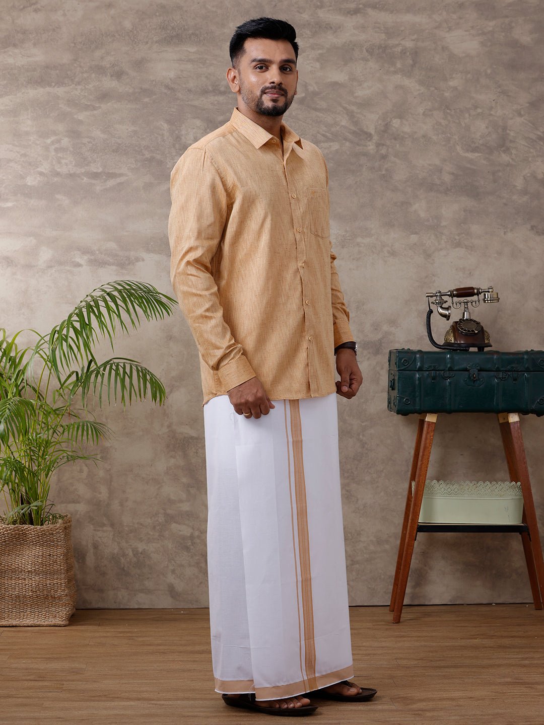 Mens Matching Border Dhoti & Shirt Set Full Mustard C1