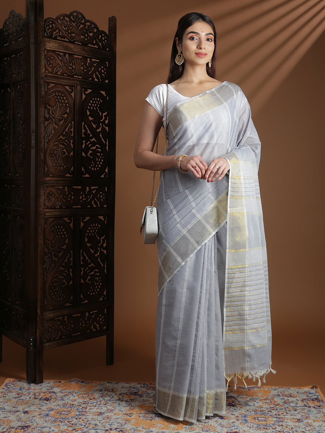 Women Grey Striped Cotton Jute Saree CJ07