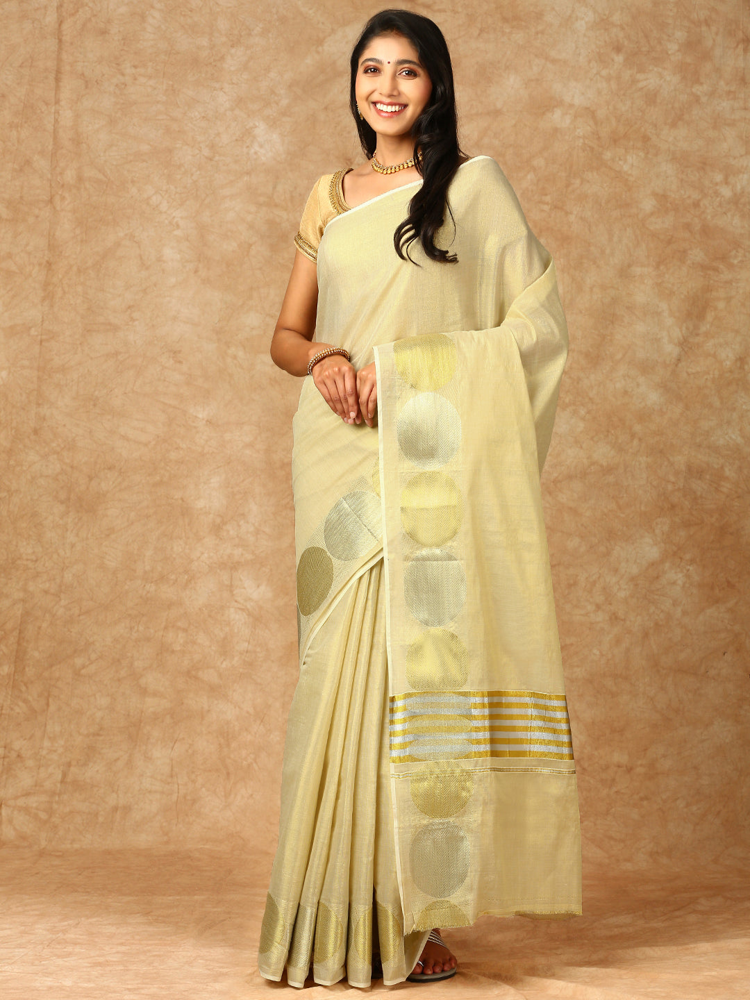 Women Kerala Cream Gold Jari Tissue Saree KS151