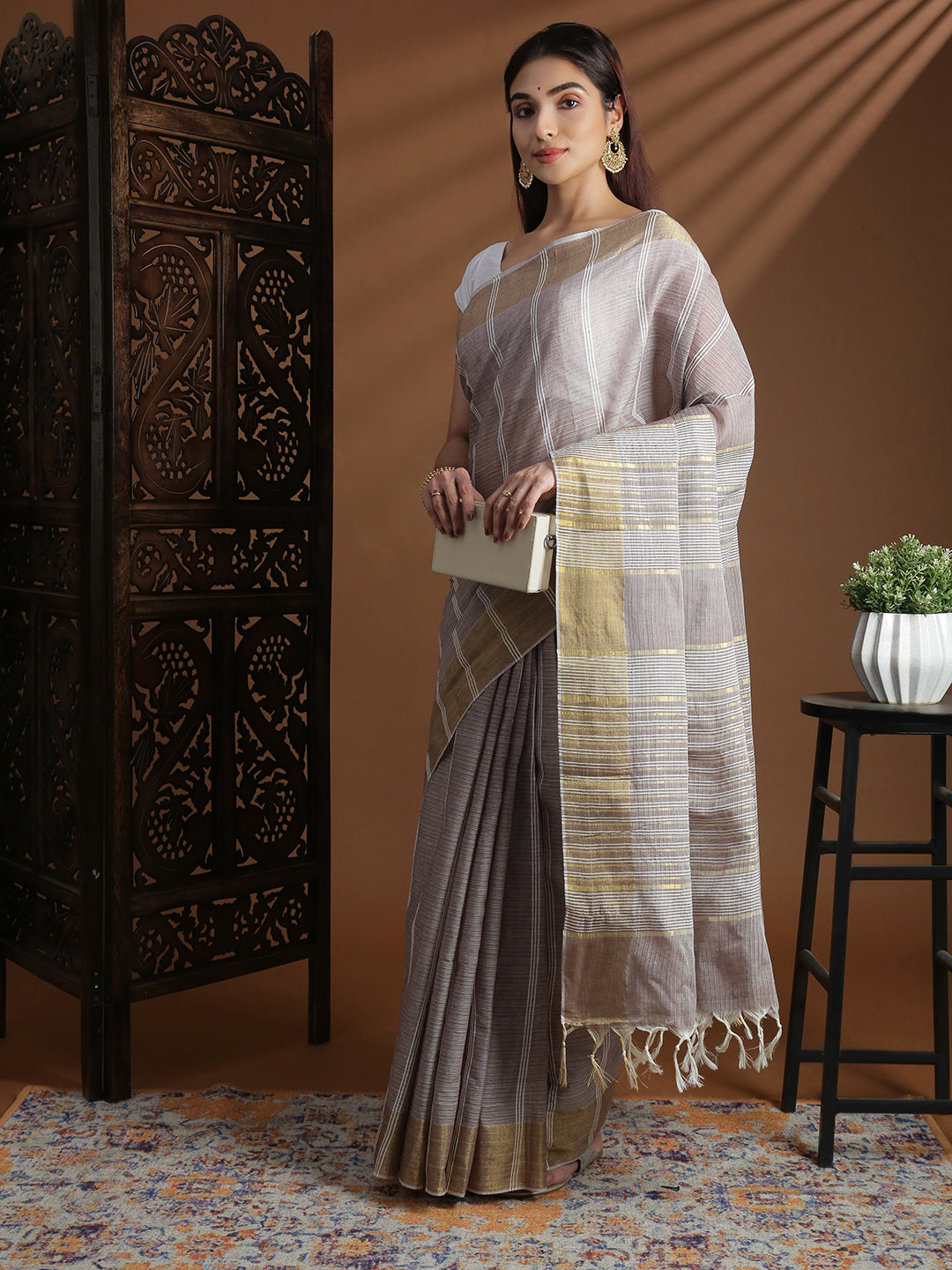 Women Light Brown Striped Cotton Jute Saree CJ12
