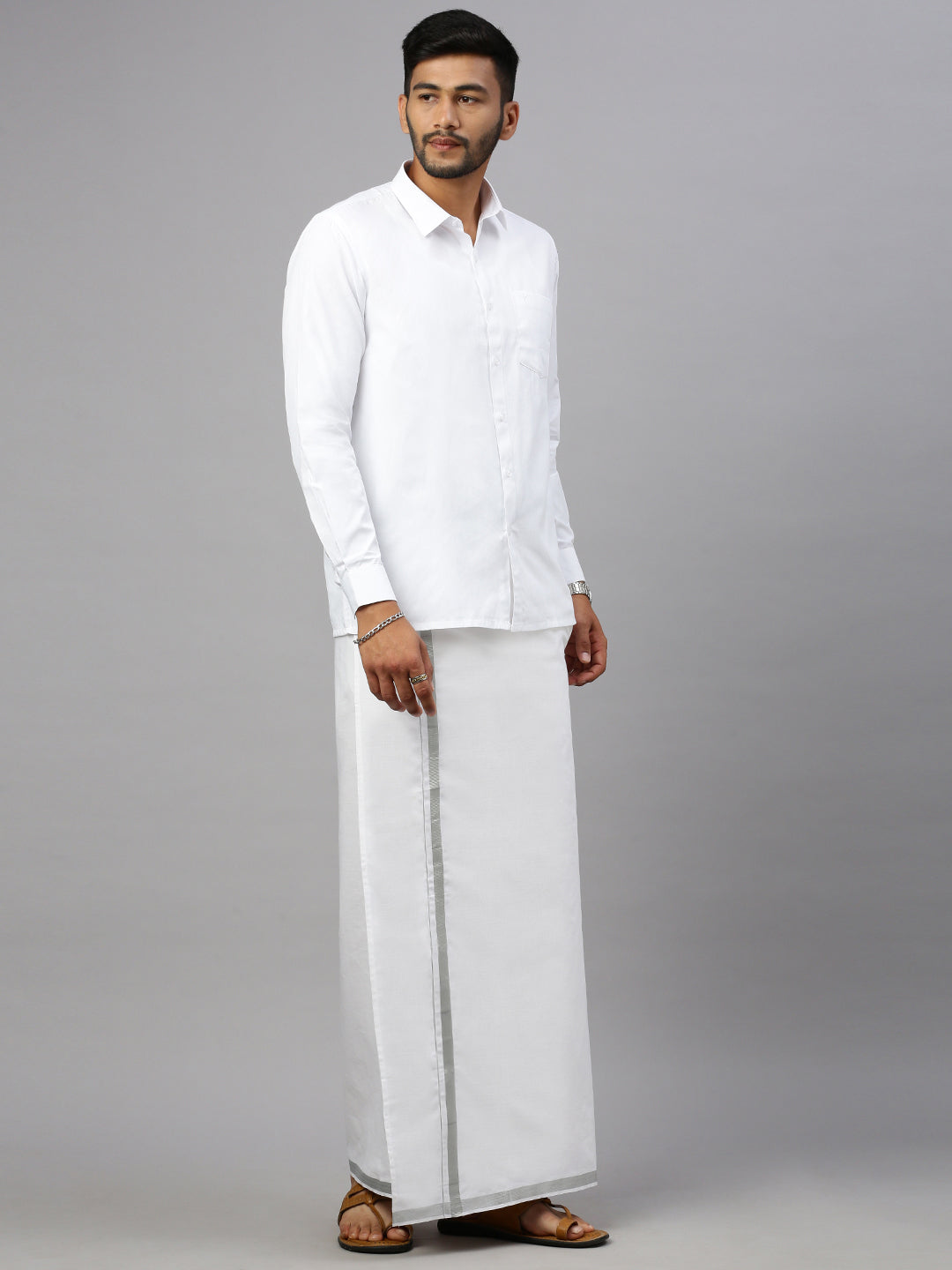 Mens Double Dhoti with Jari 1" Border Silver Earth