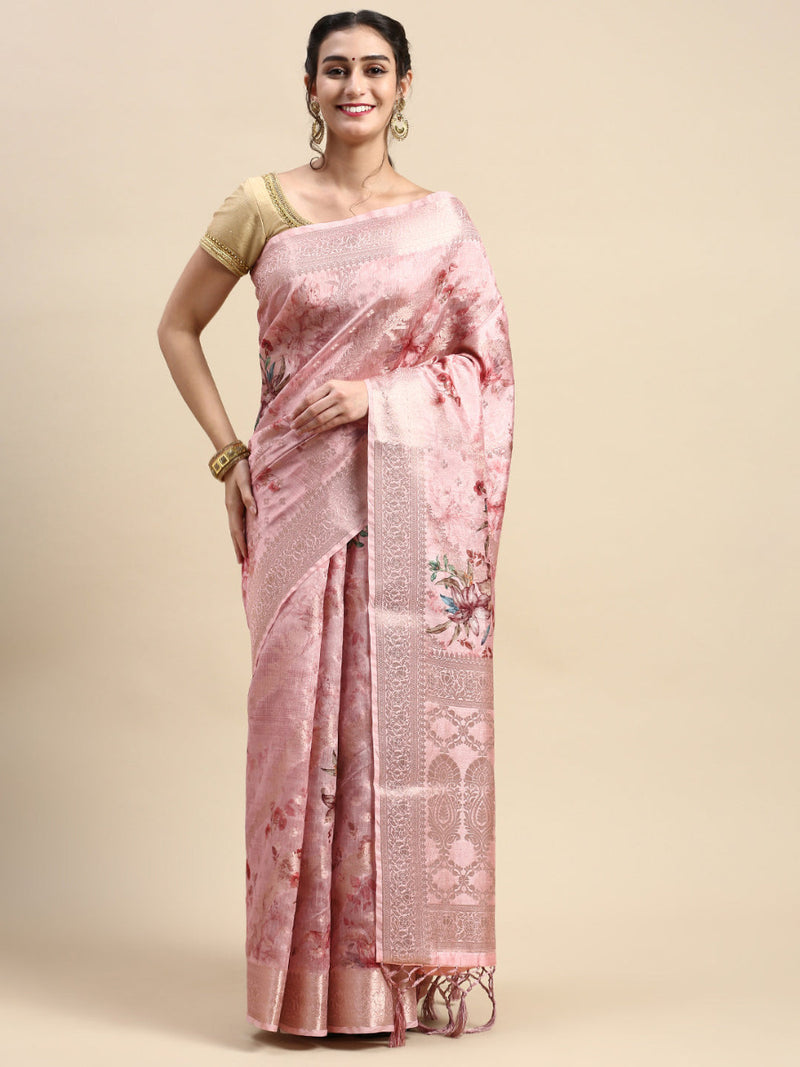 Womens Dola Silk Pink Flower Digital Print with Jari Border Sarees DS01