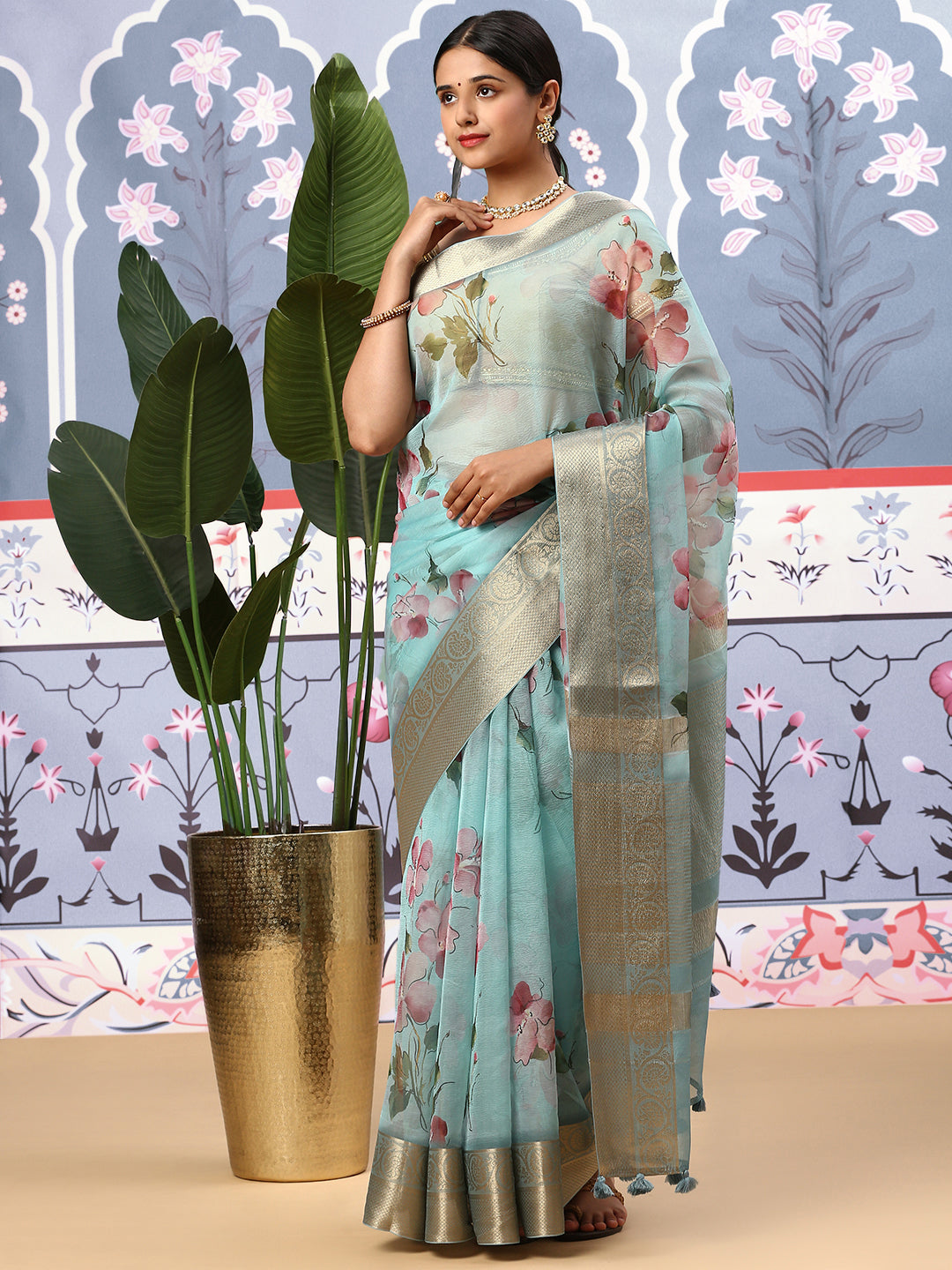 Women Semi Organza Printed Saree Blue SOS25