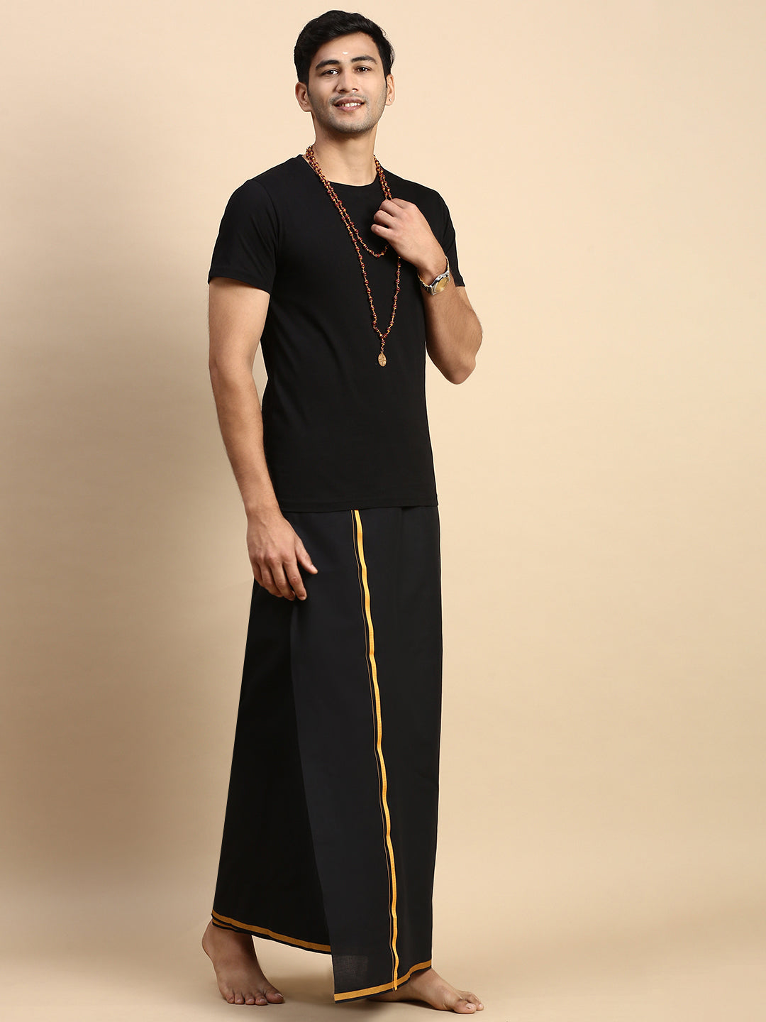 Men Devotional Big Border Dhoti & TShirt Set Black ET14