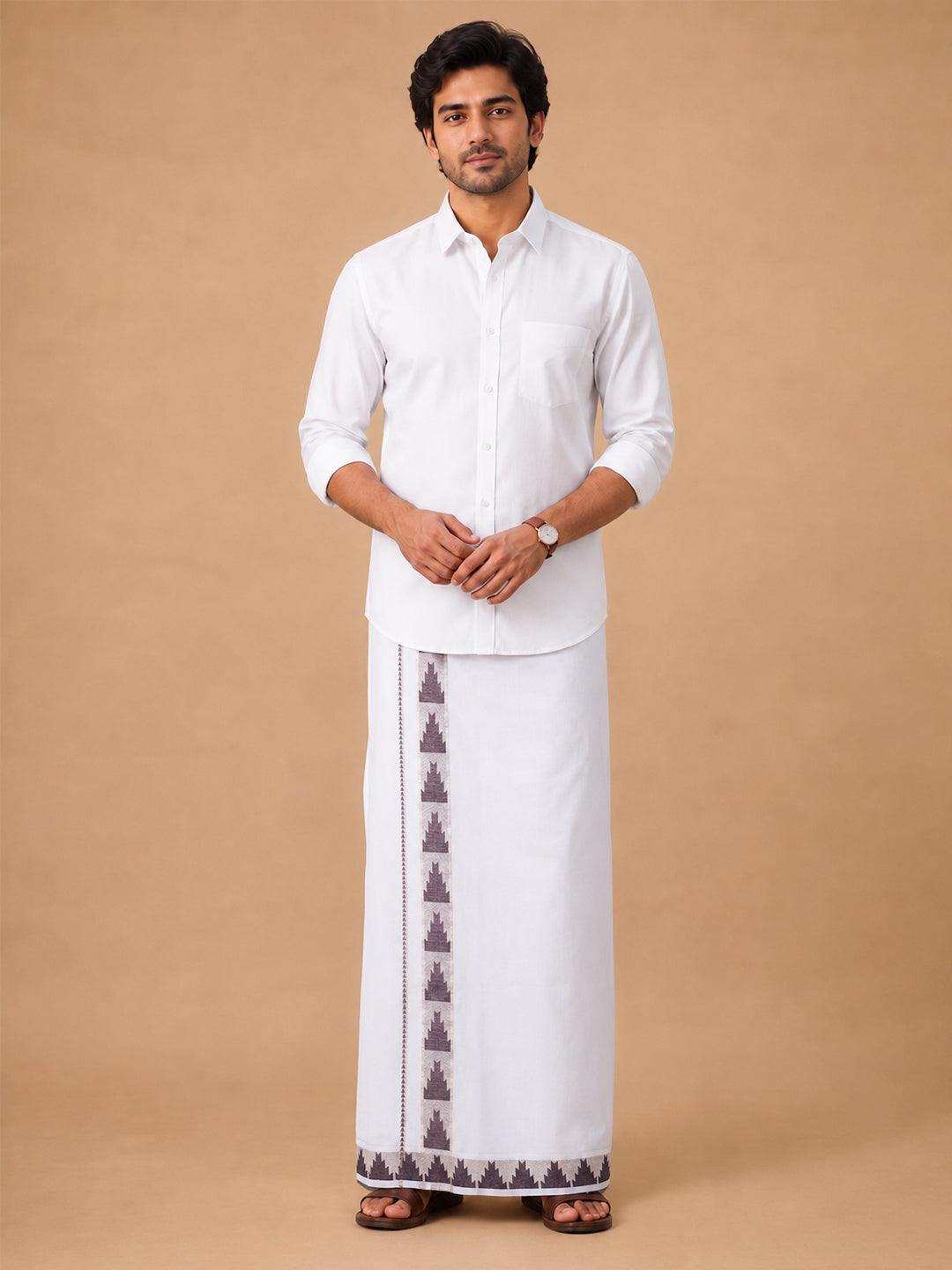 Men Premium Cotton Double Layer White Dhoti with Fancy Jari Border Luxury Elite LC33