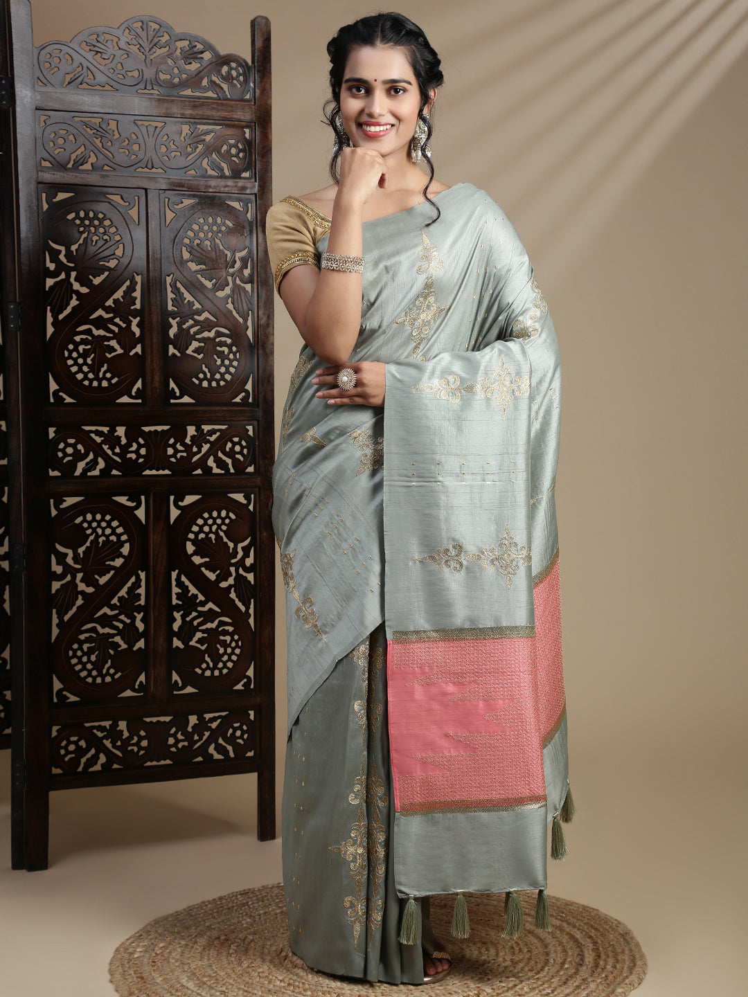Women Sage Green Semi Tussar Embroidered Saree ST313