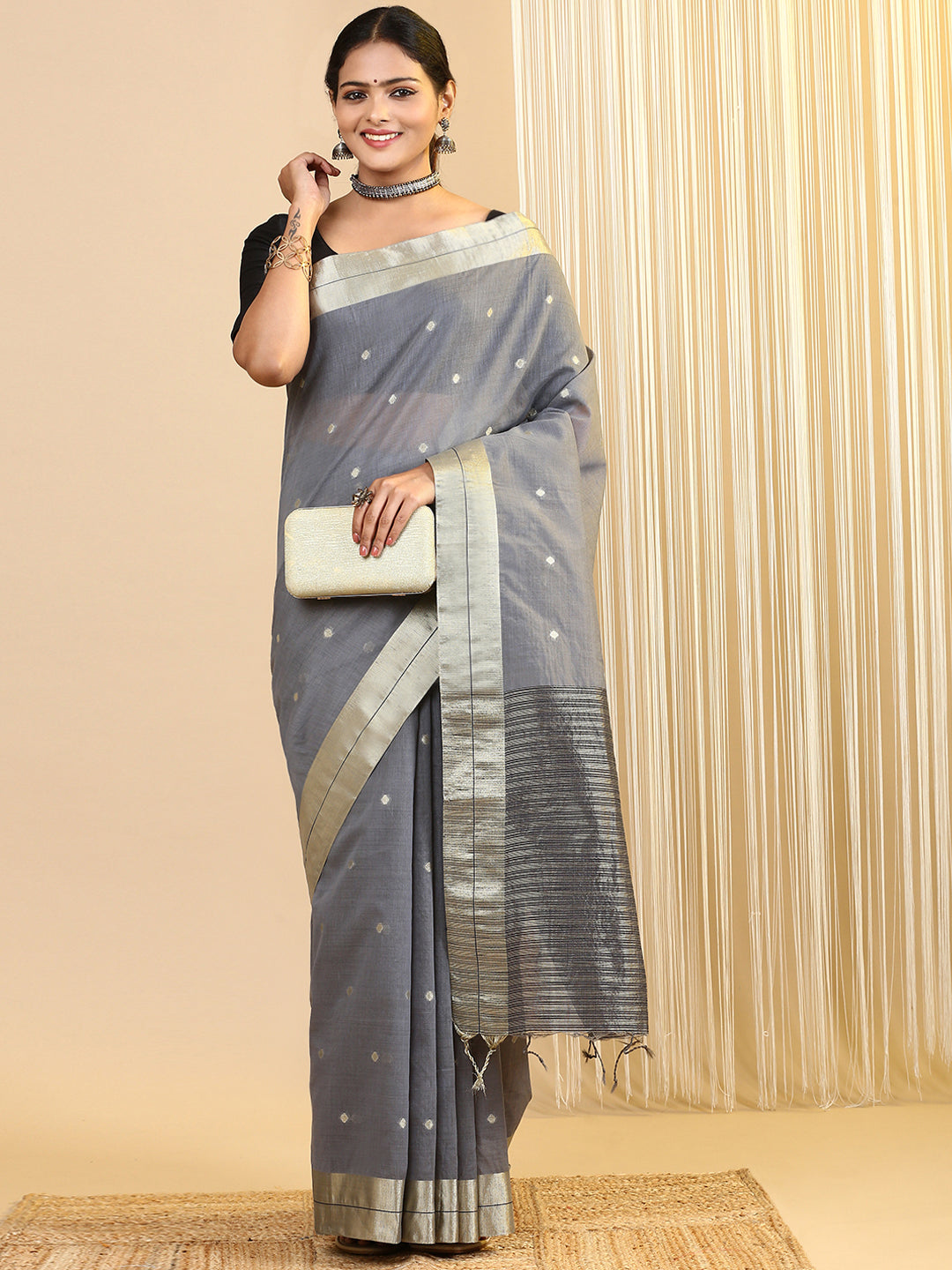 Women Semi Cotton Saree Grey SCS105