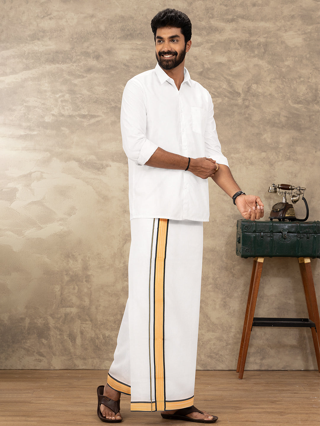 Men Cotton Double Layer White Dhoti with Fancy Border Mountain Fancy MF01