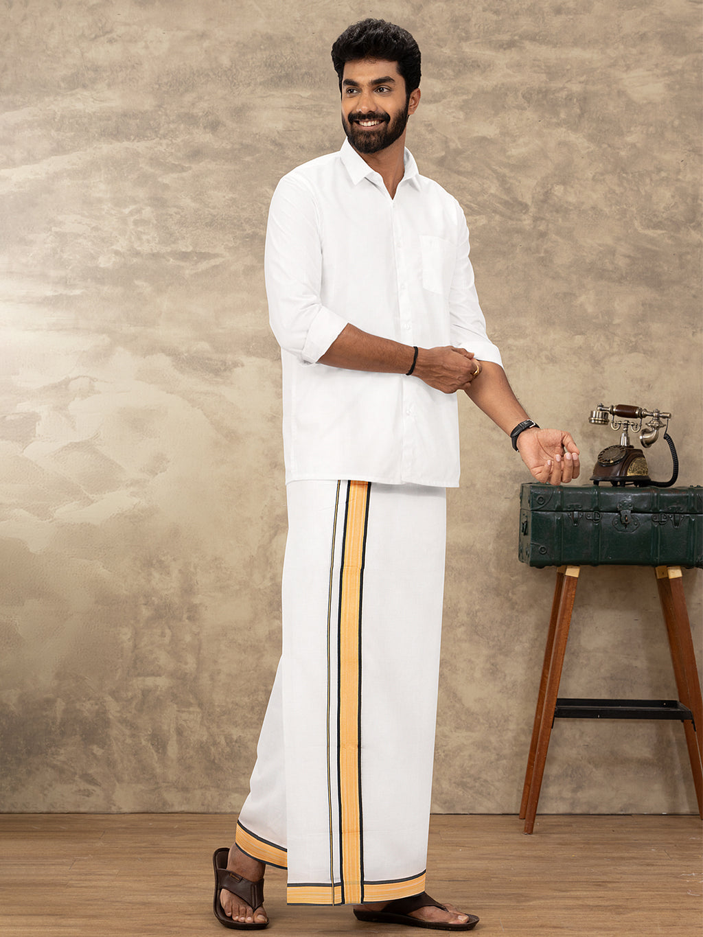 Double Layer Cotton White Dhoti With Colour Border MF01 double-layer-cotton-white-dhoti-with-colour-border-mf01