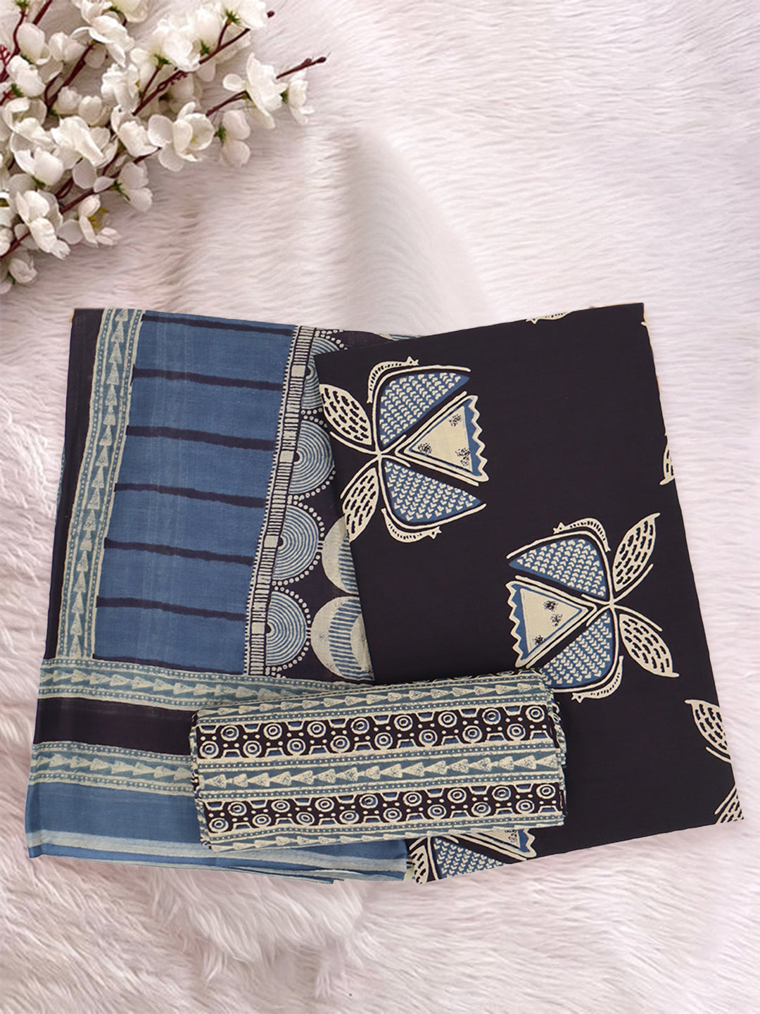 Women Pure Cotton Printed Dress Material Blue with Black DM349