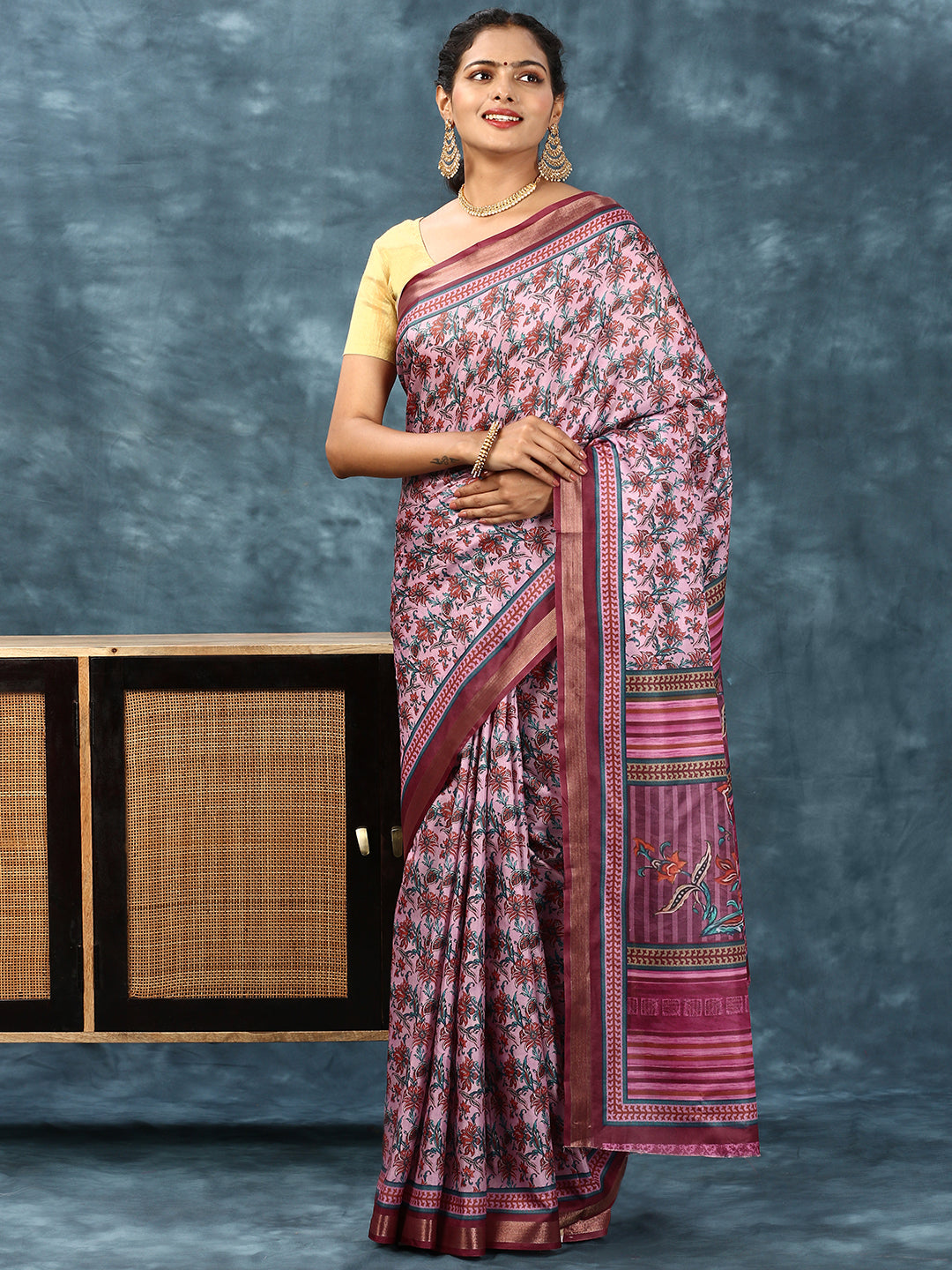 Women Semi Silk Print Saree Pink SS186