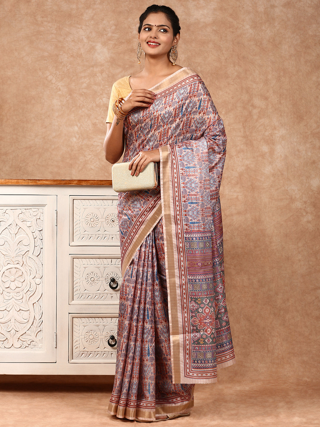 Women Semi Silk Print Saree Peach SS181