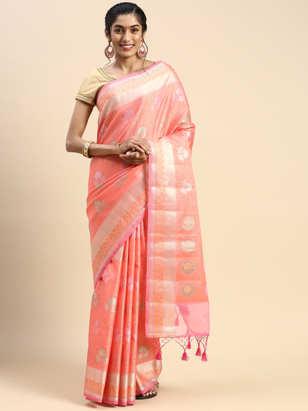 Semi Kora Cotton Allover Design Saree Light Orange & Pink with Zari Border SKCW03
