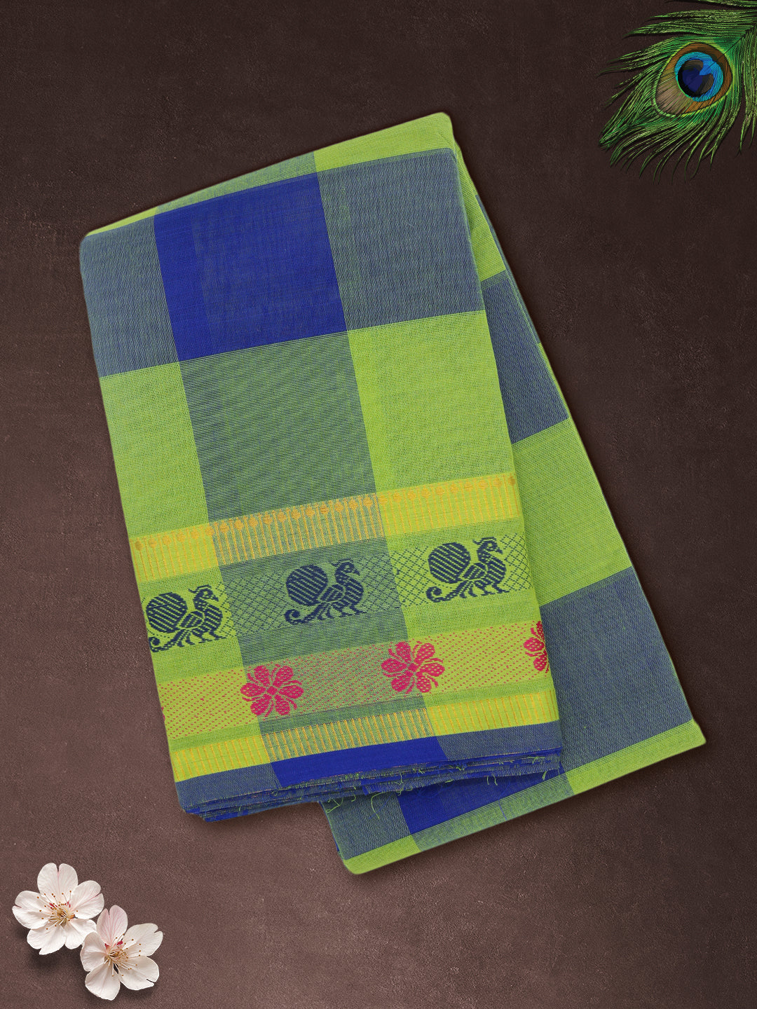 Women Green with Blue Checks Pure Chettinad Cotton Saree PCS233