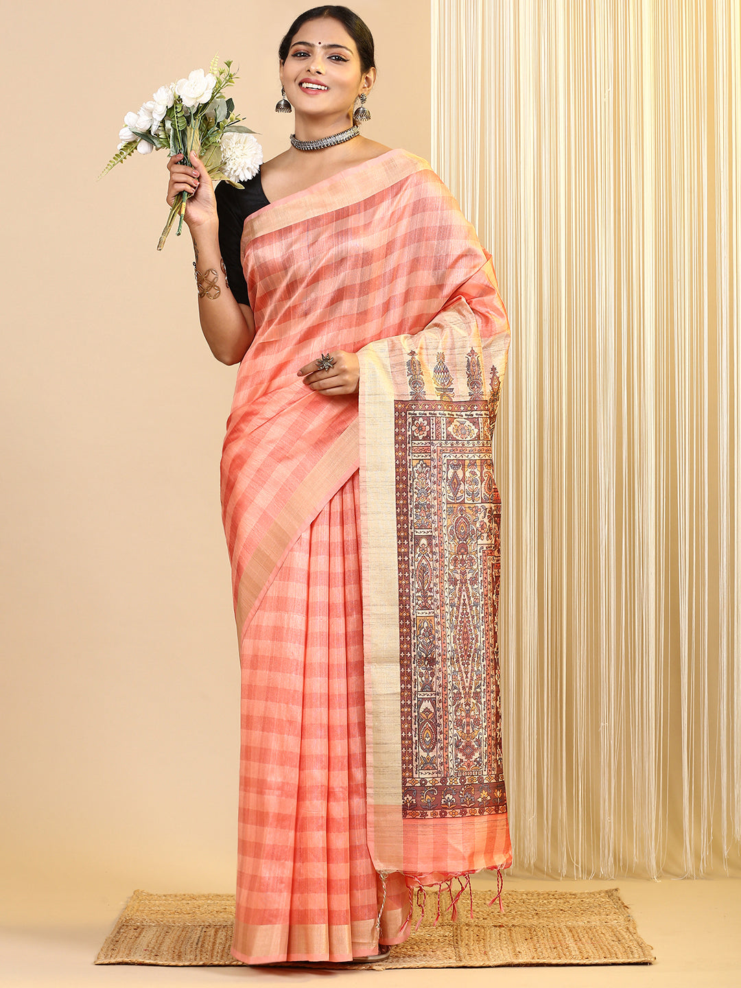 Women Semi Tussar Printed Saree Orange ST185