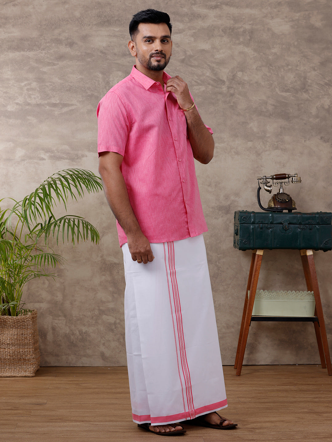 Men Matching Border Dhoti & Half Sleeves Shirt Set Pink C34