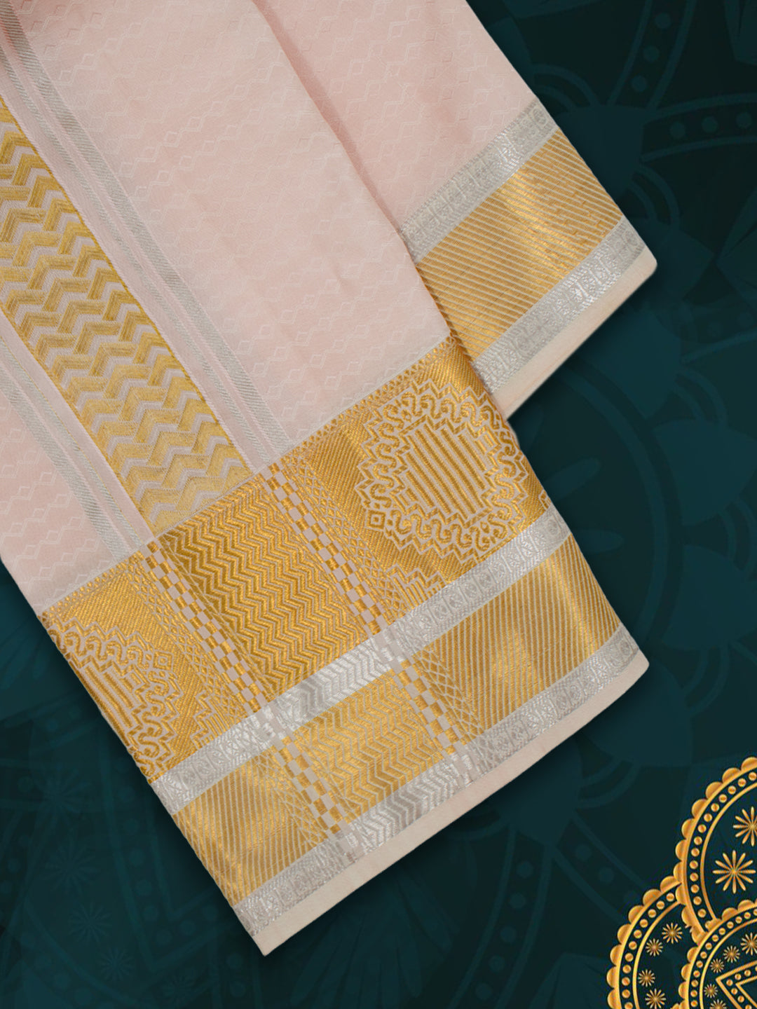 Men Pure Silk Peach Dhoti & Towel Set with 4" inch Silver Jari Border TKC14