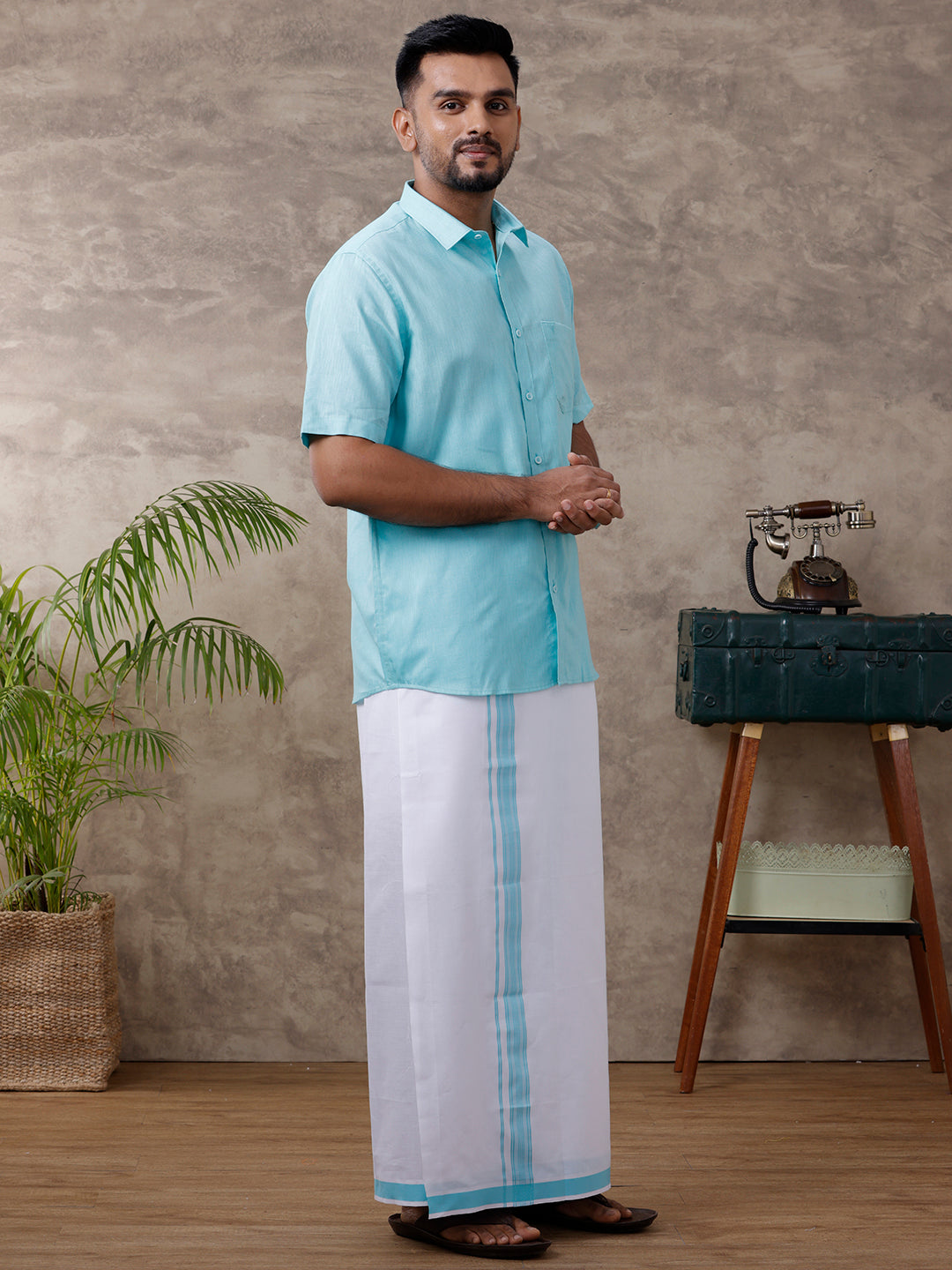 Men Matching Border Dhoti & Half Sleeves Shirt Set Blue C50