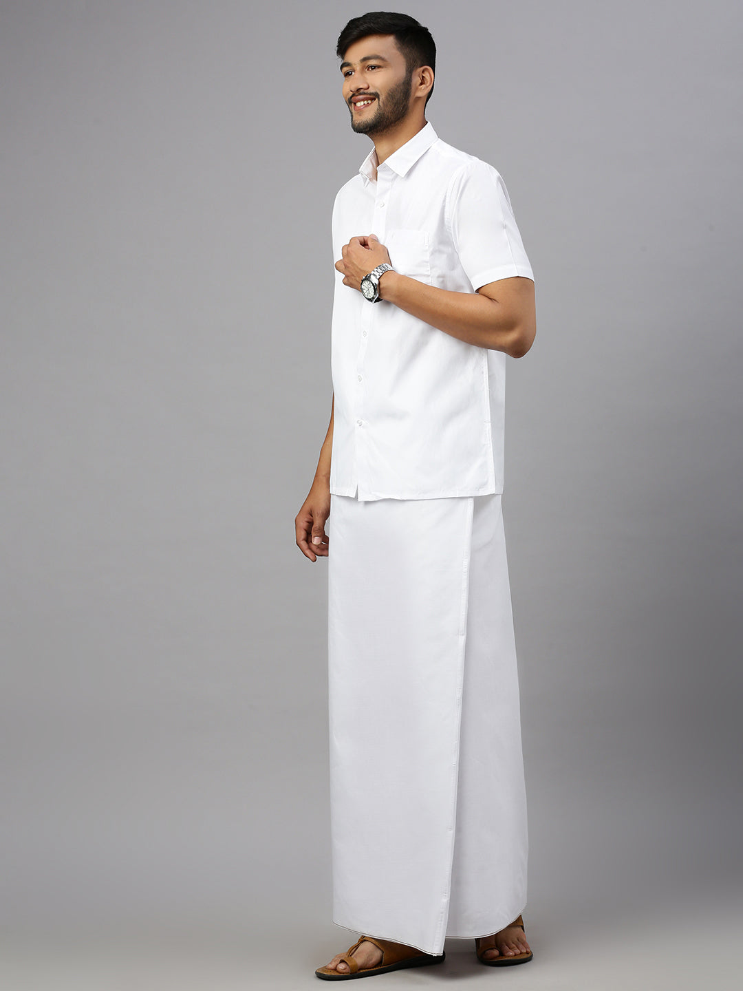 Men Cotton Half Sleeves White Shirt with Stitched Prayer Dhoti Combo