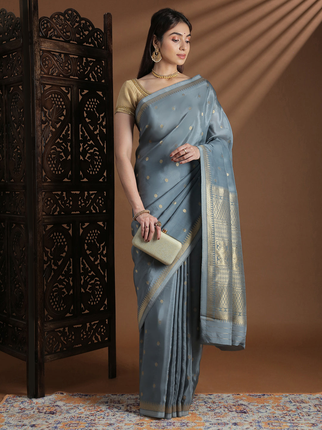 Women Semi Mysore Silk Saree Grey SS402