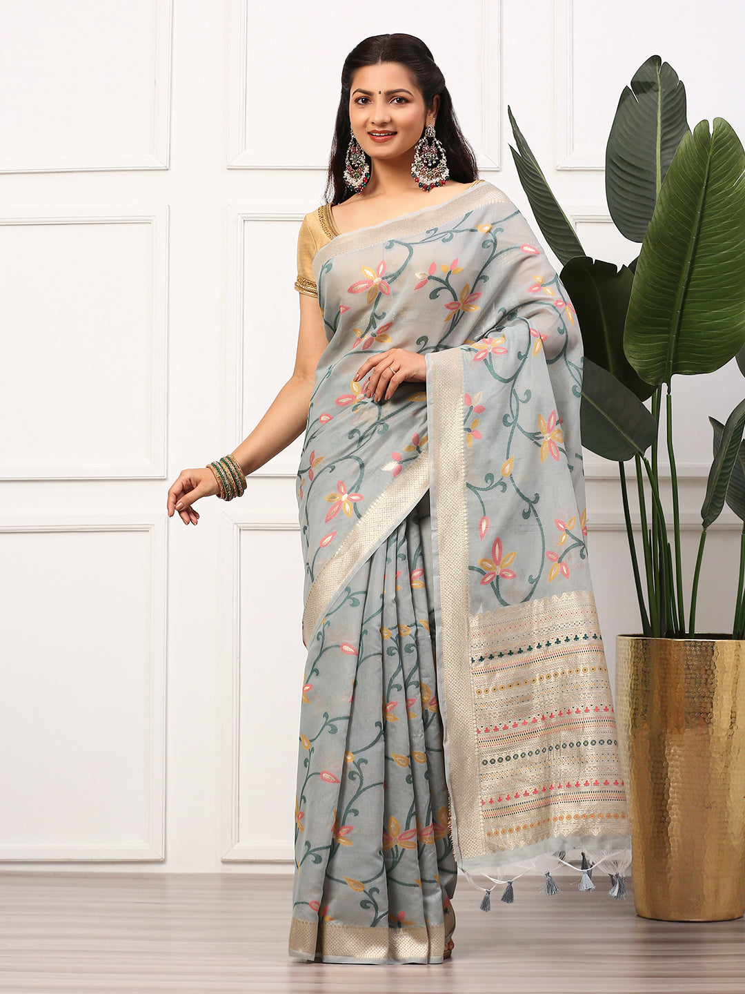 Womens Semi Silk Saree Grey SS244