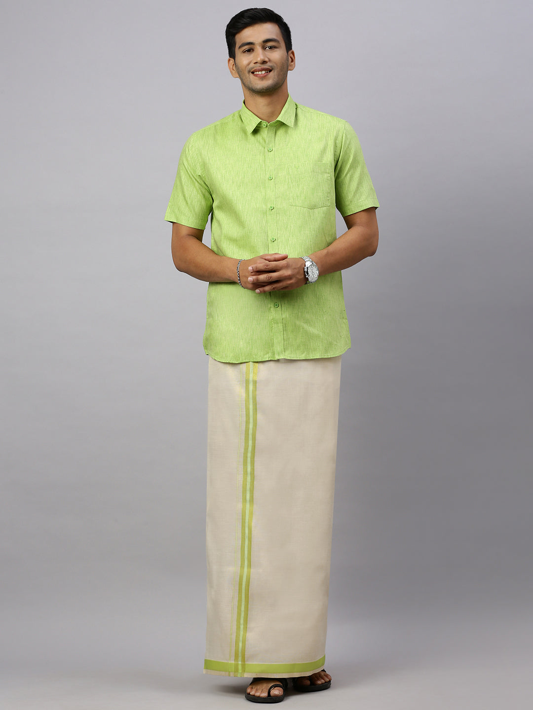 Mens Macho Lite Green  Colour Shirt & Matching Border Tissue Dhoti Set CCB