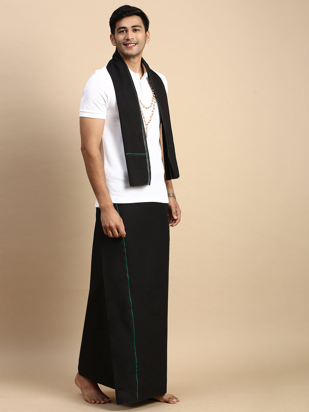 Men Devotional Small Border Dhoti with Towel & TShirt Set Black EP1