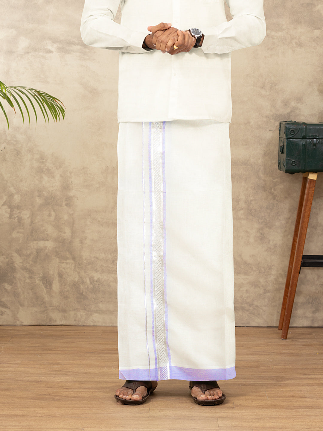 Men Kora Cotton Double Layer Dhoti with Fancy Jari Border EV01