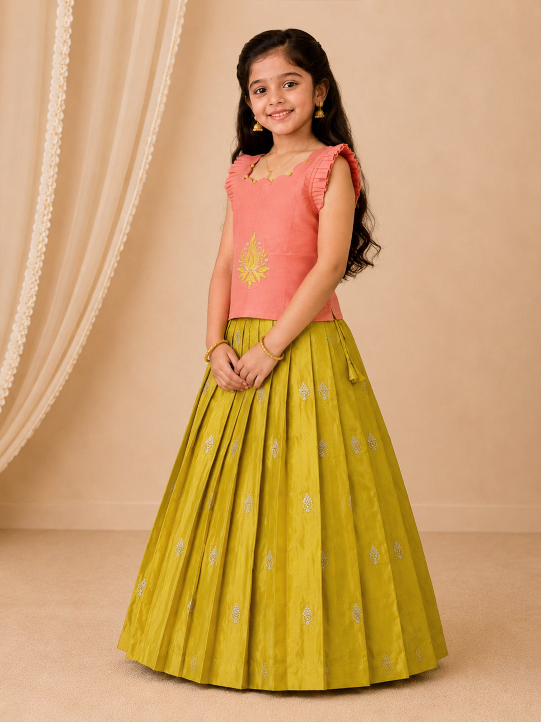 Girls Silk Cotton Peach Pattu Pavadai Set GPS40