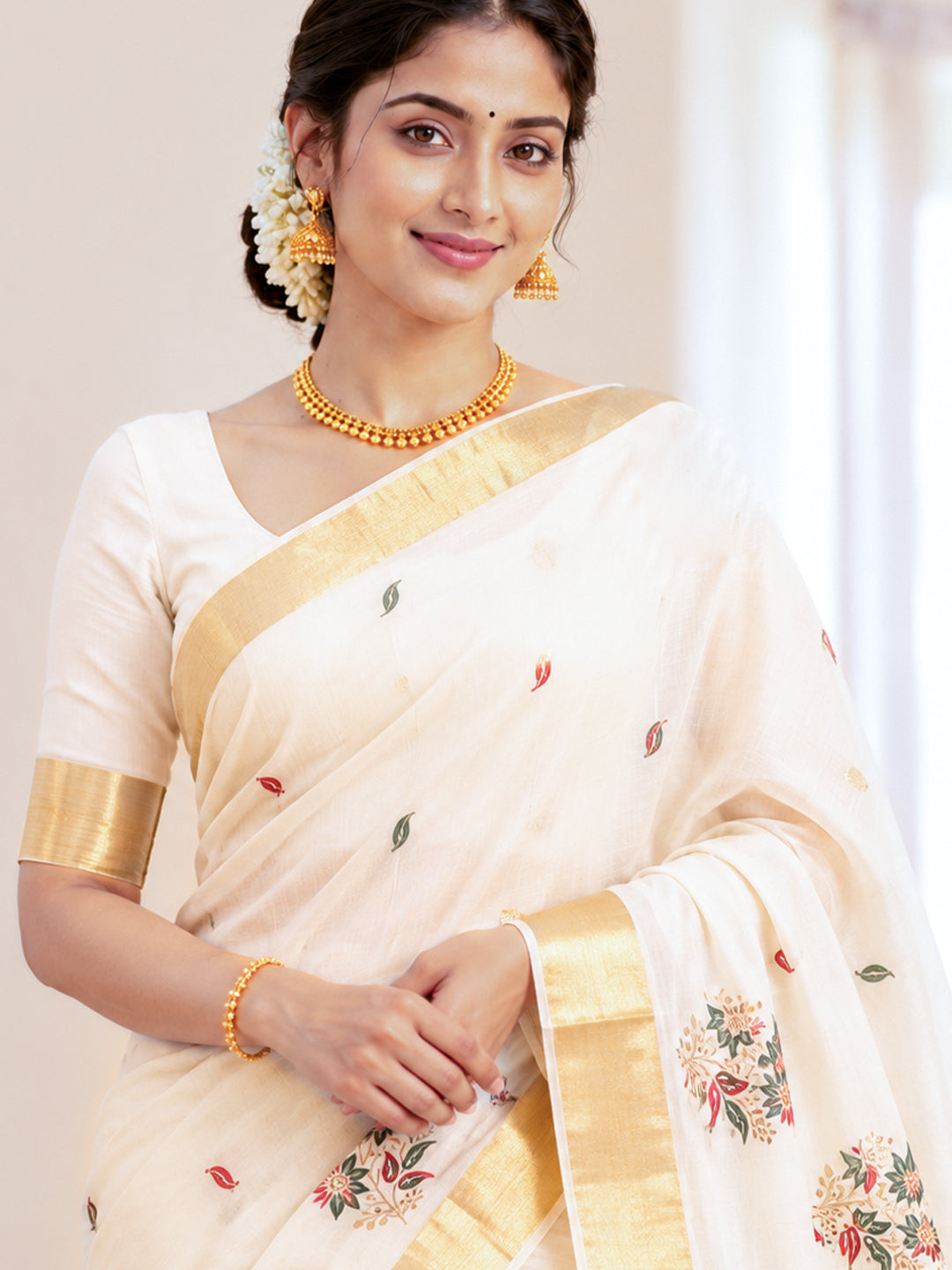 Women Kerala Embroidered Cream Saree KLS03