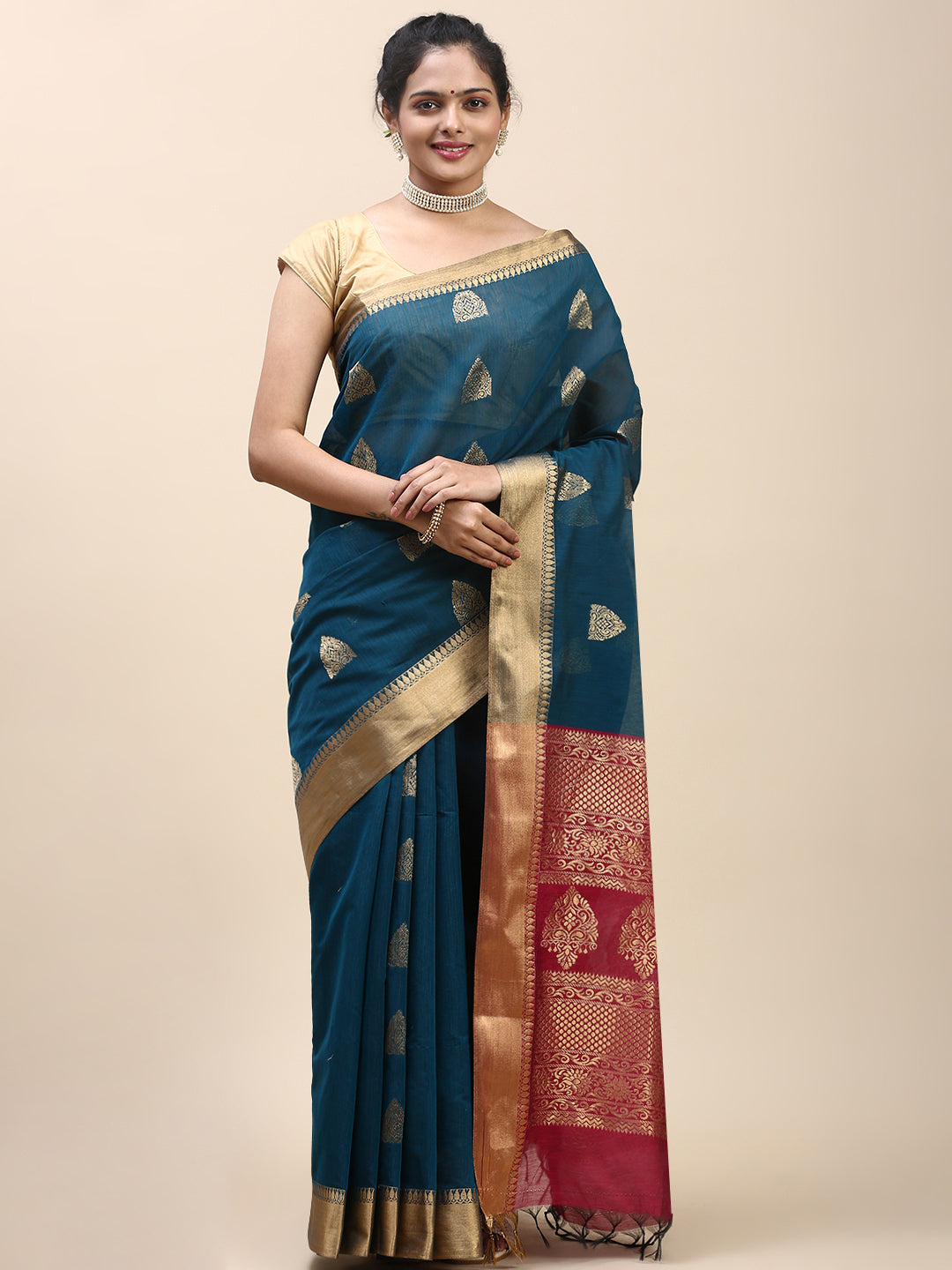 Women Semi Cotton Saree Blue with Pink SC29