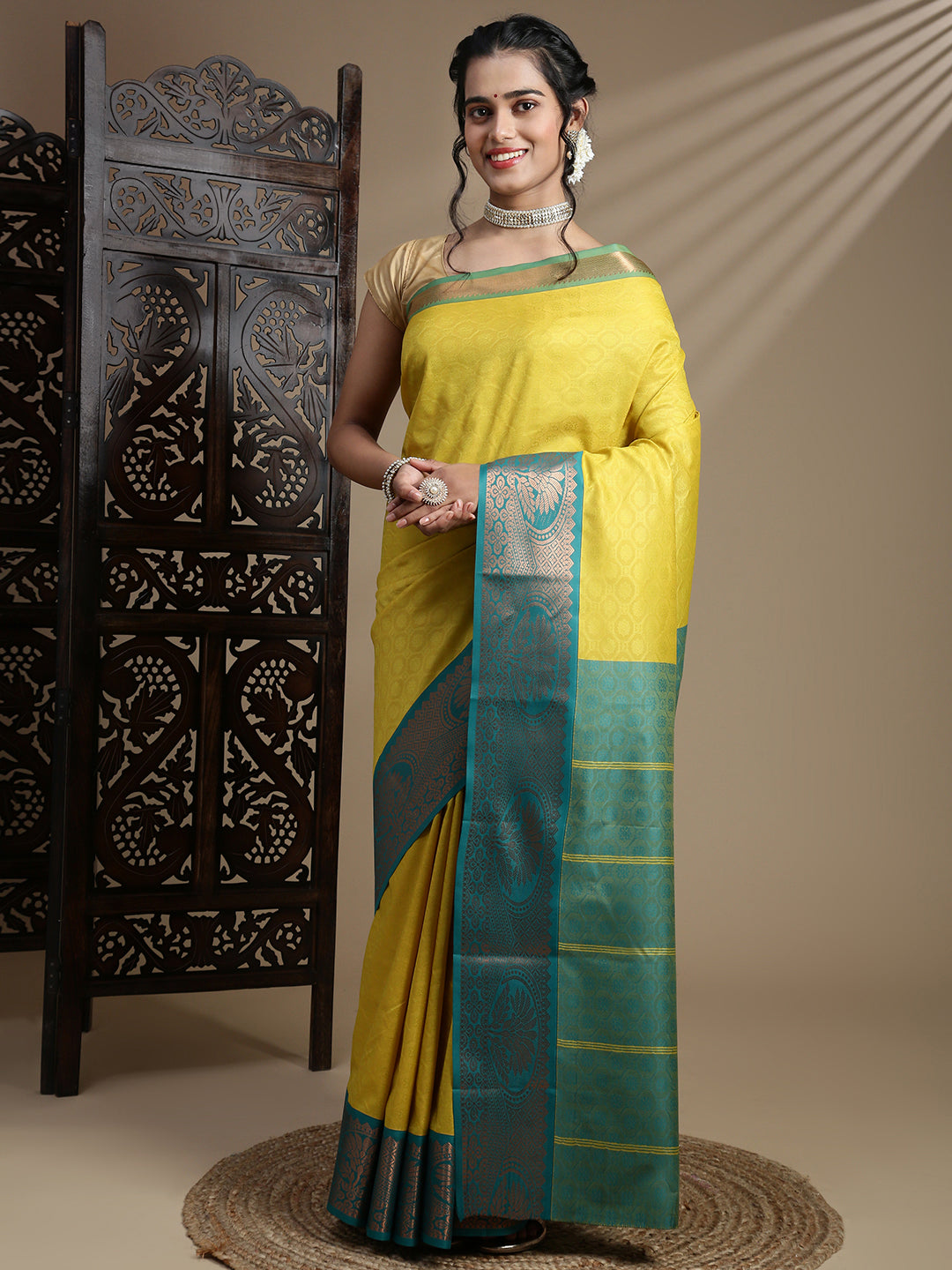 Women Yellow with Green Art Silk Saree ASS113