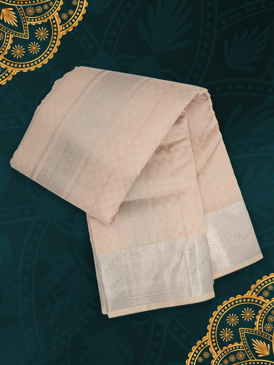 Men Pure Silk Beige Dhoti & Towel Set with 4" inch Silver Jari Border TKC12