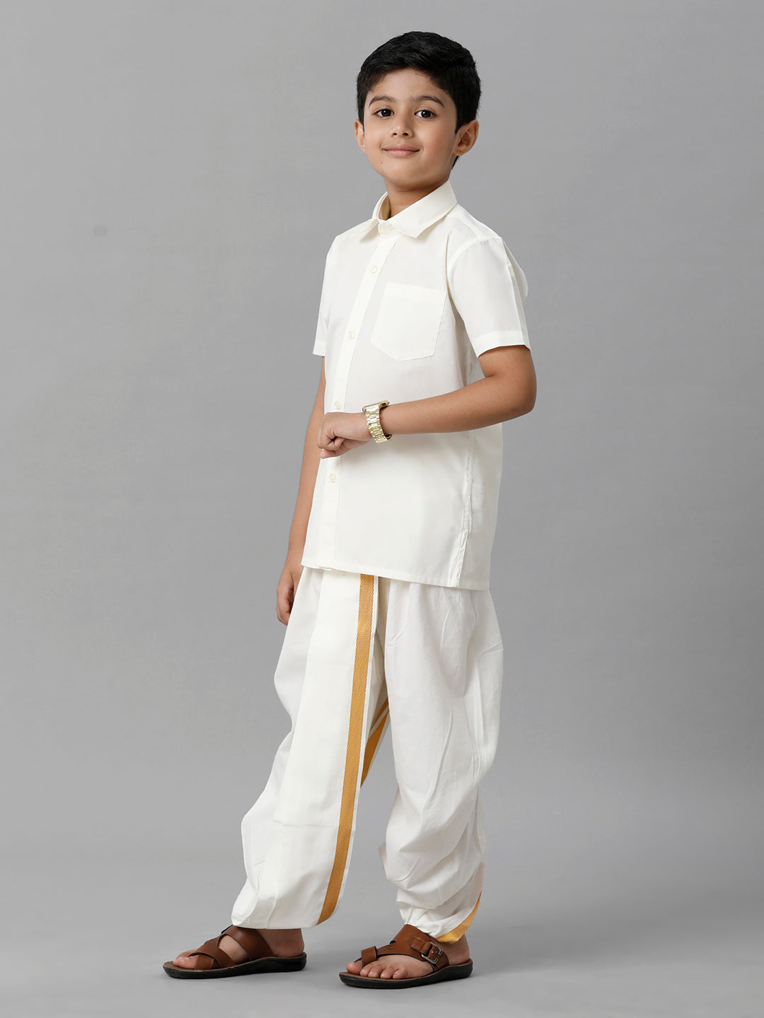 Boys Cotton Cream Half Sleeves Shirt Panchakacham Combo-Side view