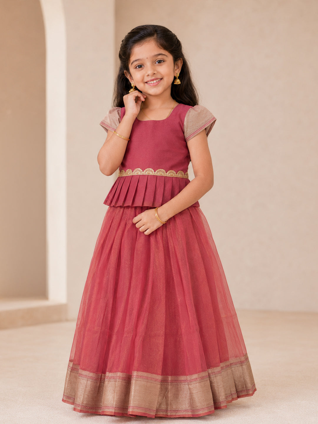 Girls Tissue Maroon Pattu Pavadai Set GPS42