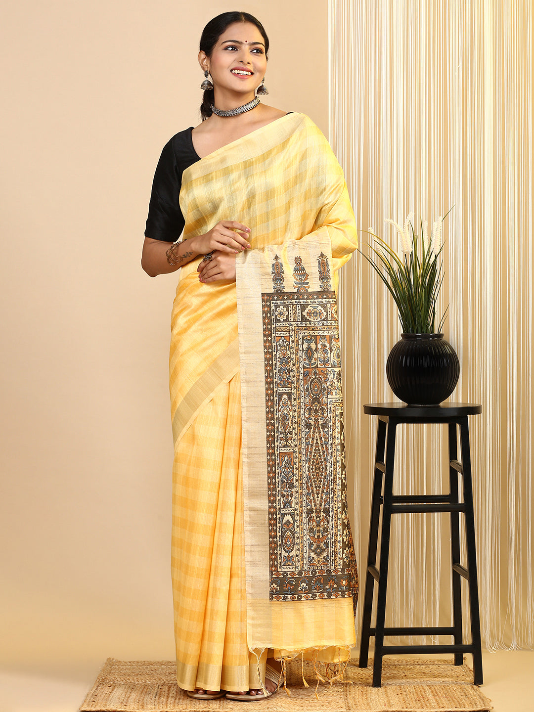 Womens Semi Tussar Printed Saree Yellow ST184