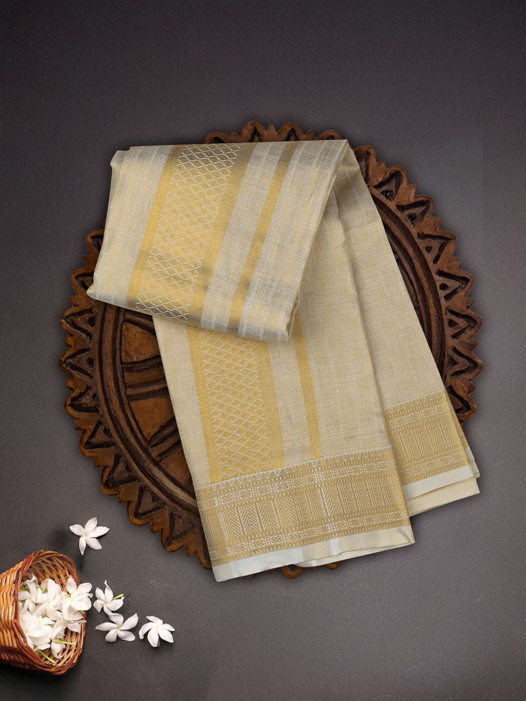 Men Tissue Dhoti & Shirting Set Cream Golden Glory GG03