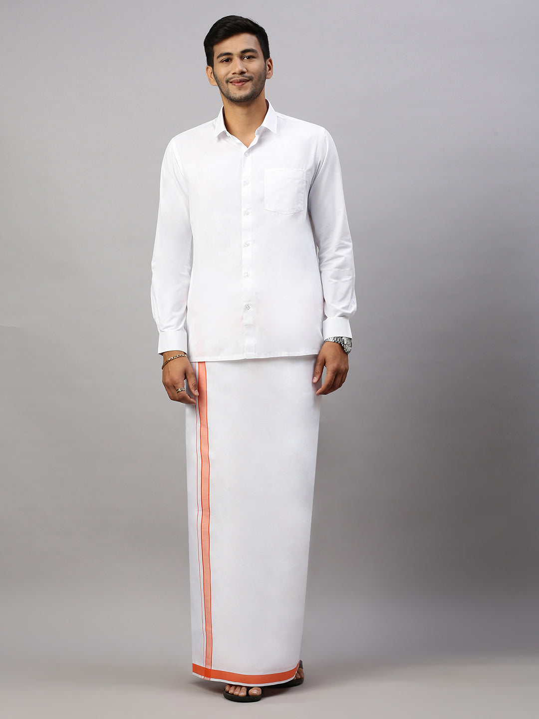 Mens Prestigious Look Cotton Single Dhoti with Orange Fancy Border - Winner Plain