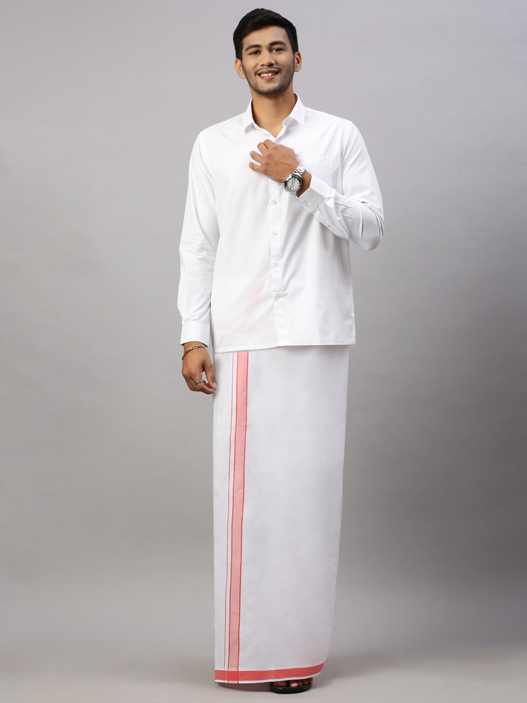 Mens Prestigious Look Cotton Single Dhoti with Pink Fancy Border - Winner Plain