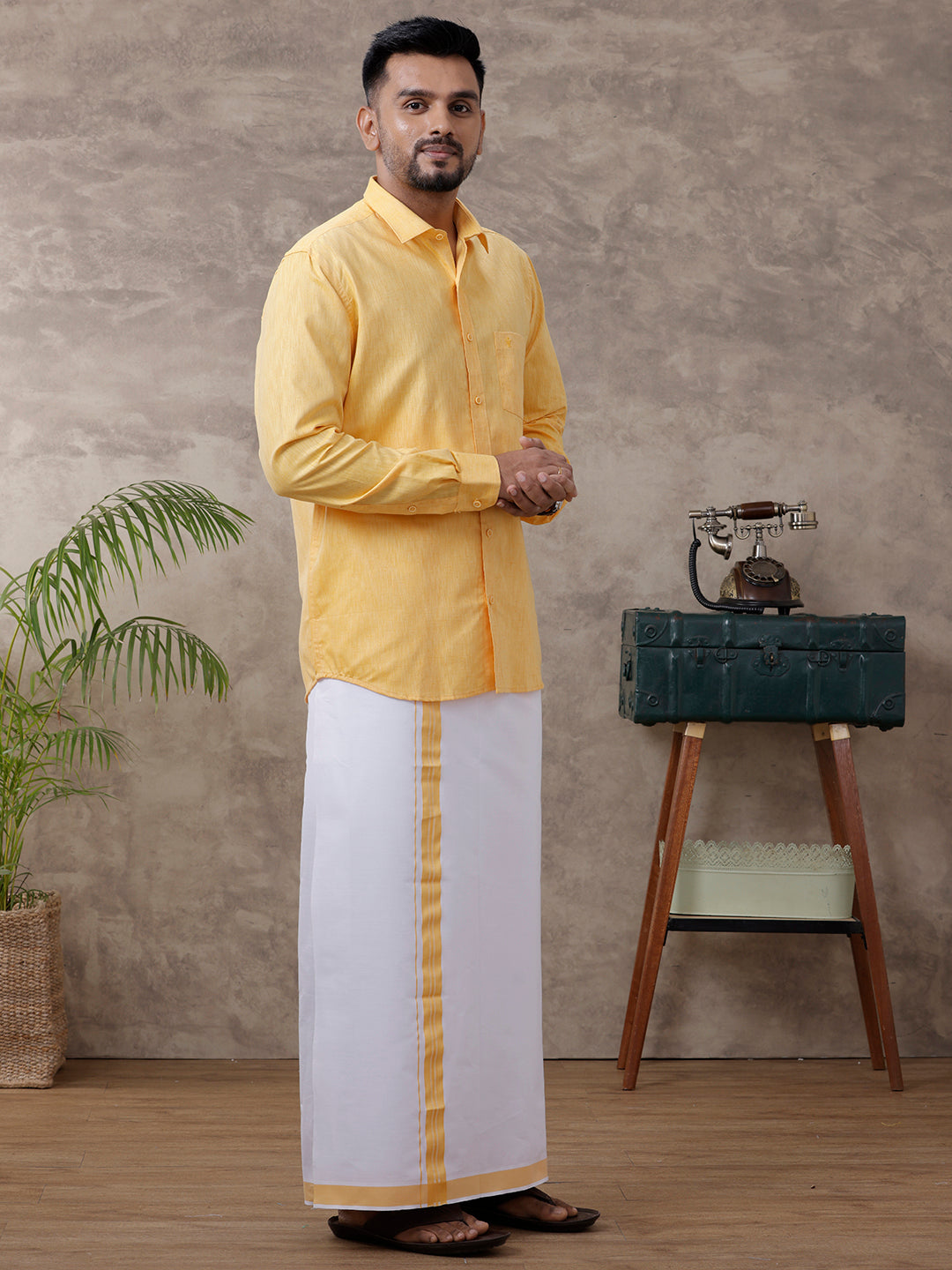 Men Matching Border Dhoti & Shirt Set Gold C3