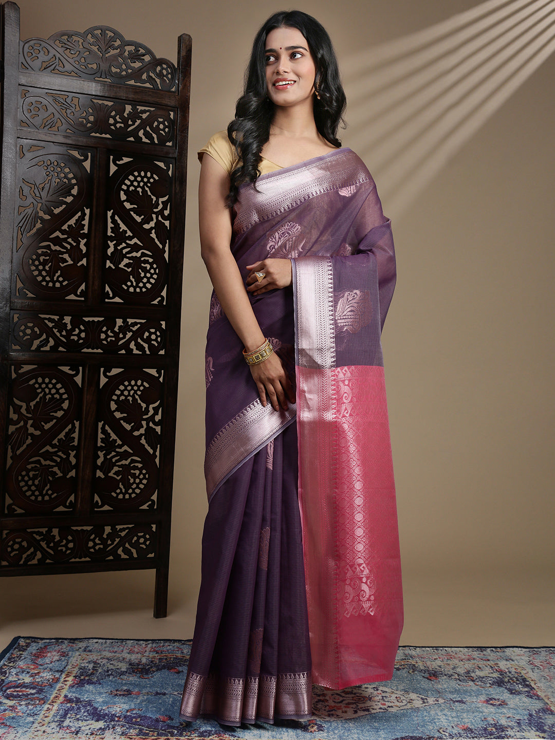 Women Light Purple Kora Cotton Fancy Saree SK110