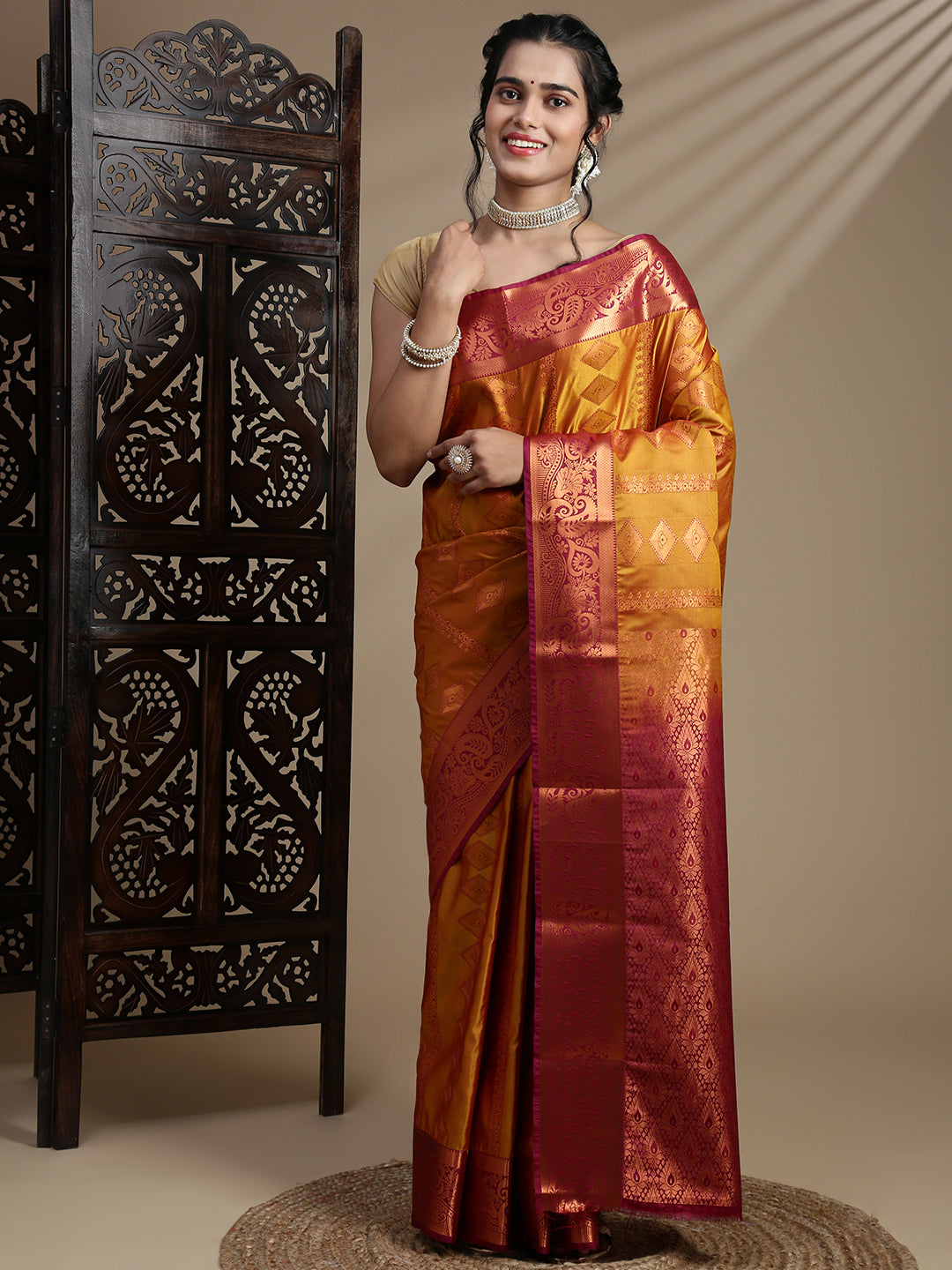 Women Golden Art Silk Saree ASS117